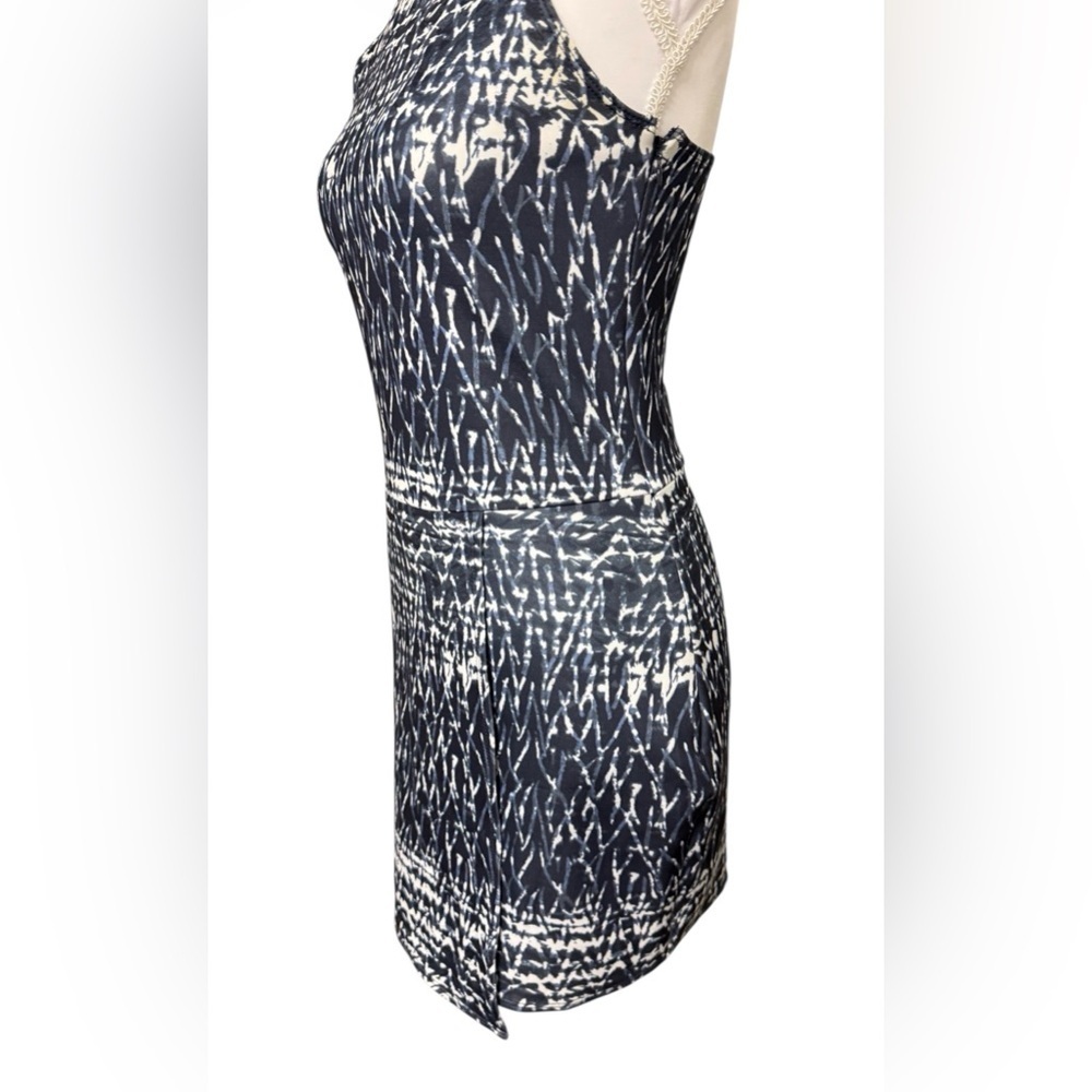 Y2K ABERCROMBIE & FITCH BLUE WHITE ABSTRACT BODYCON MINI DRESS SIZE S STRETCH - Picture 3 of 8